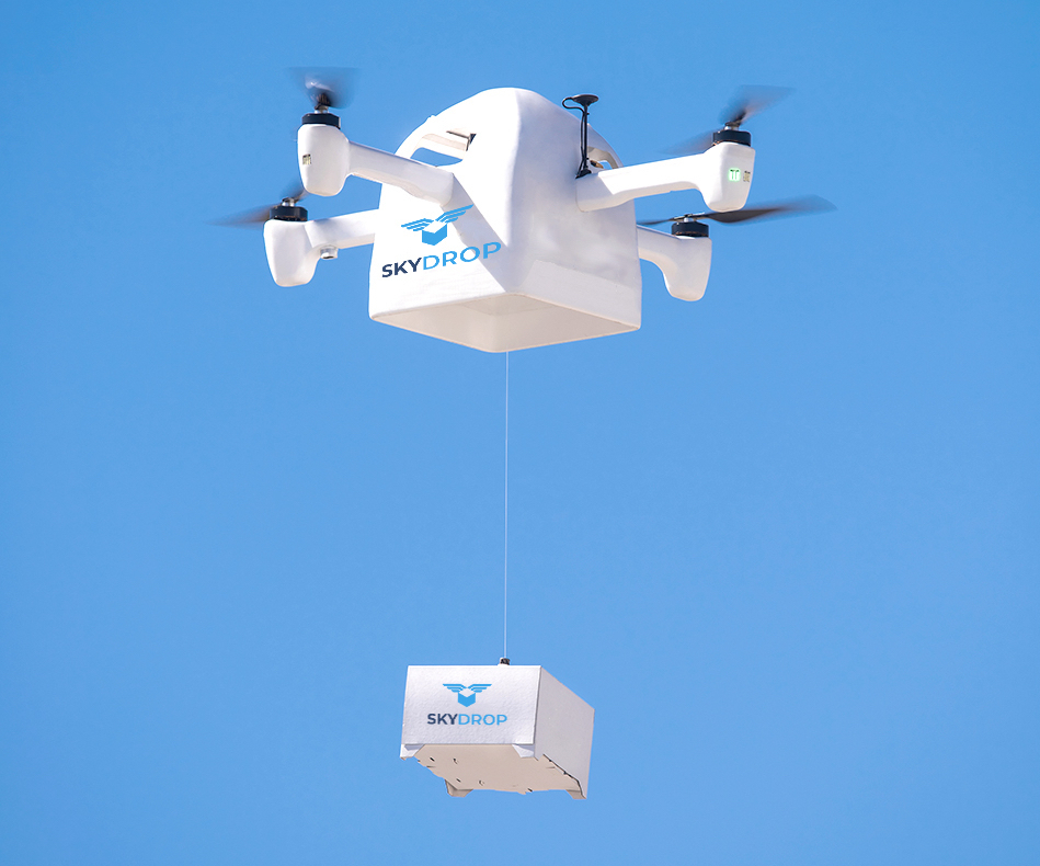 SkyDrop Delivery Drone in flight with payload